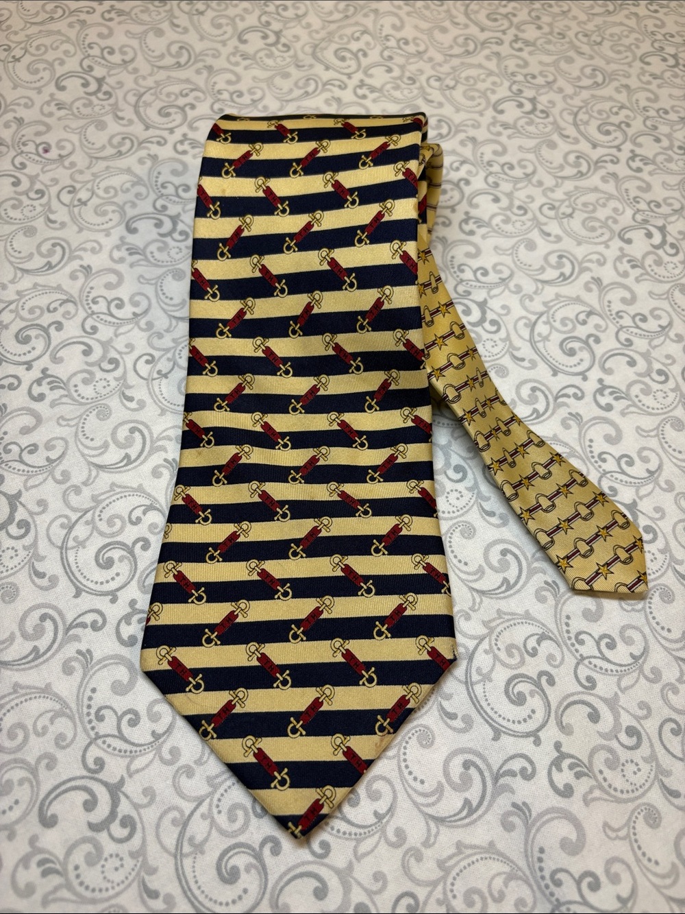 Vintage Tommy Hilfiger Navy and Gold Striped Men's Tie with Red Accent